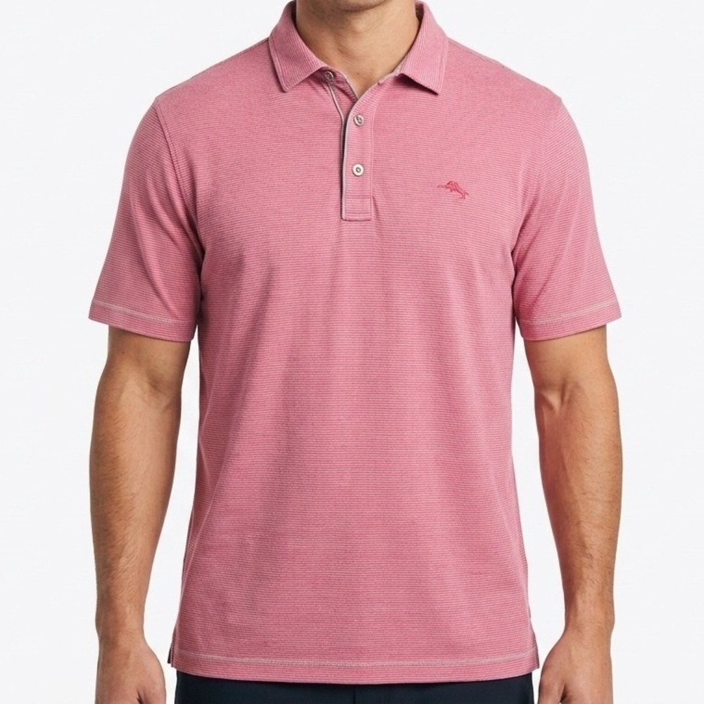 Tommy Bahama Polo Shirt Mens XXL Pink Striped Embellished Tencel Modal Casual